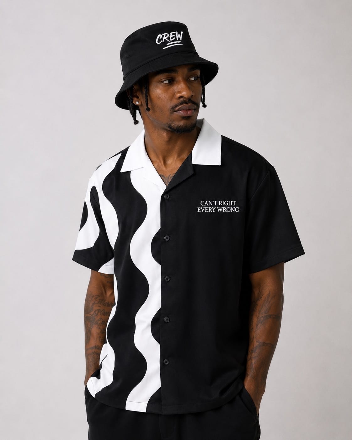 Wave Button Up T Shirt - BLACK