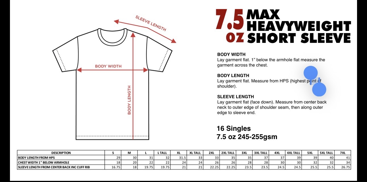 New York Tee size chart